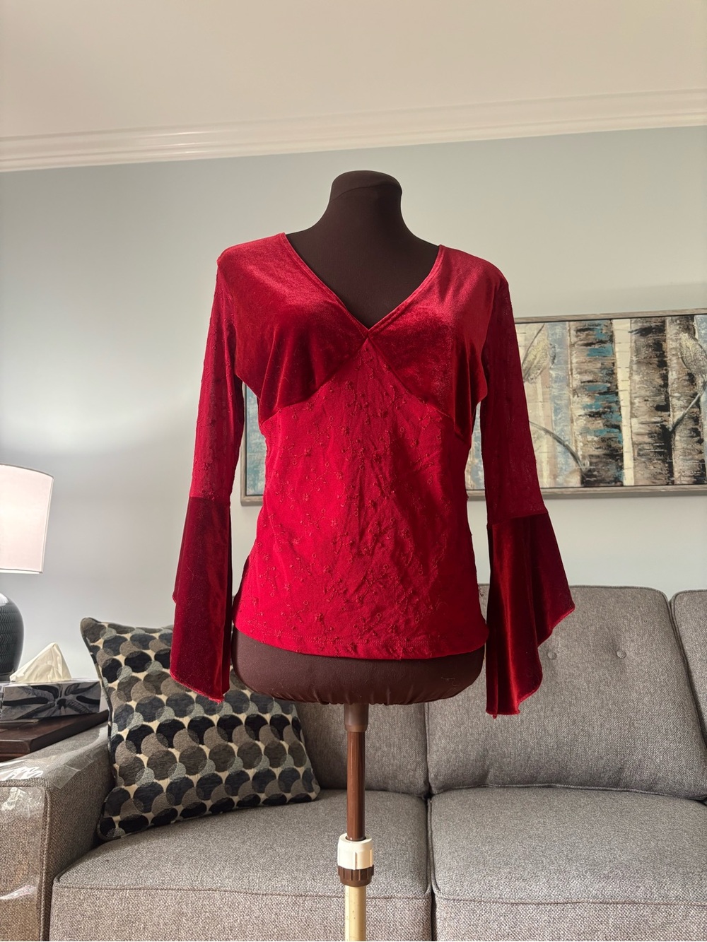 Y2K Dynamite Deep Red Velvet Sheer V-Neck Bell Sleeve Top